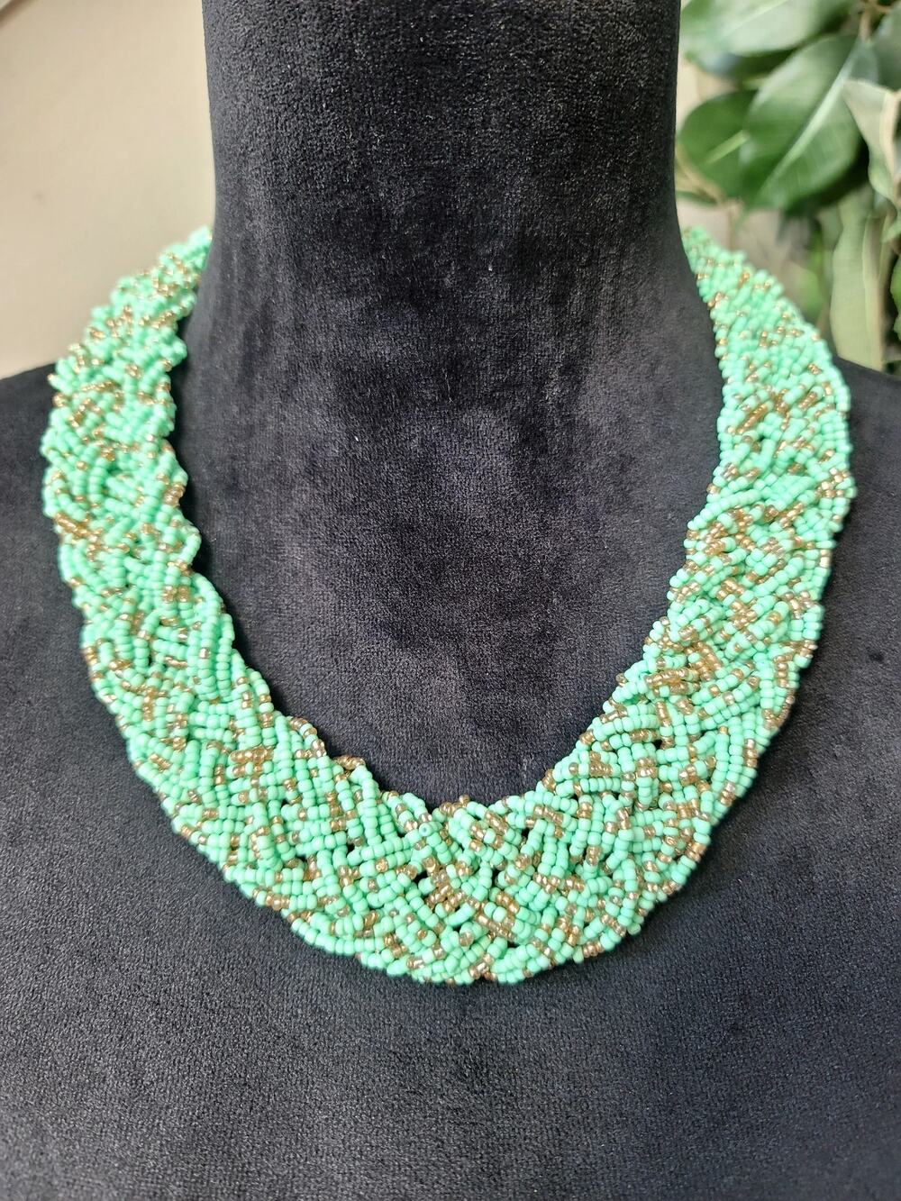 Turquoise Multi Strand Seed Bead Statement Necklace Chunky Braided Collar